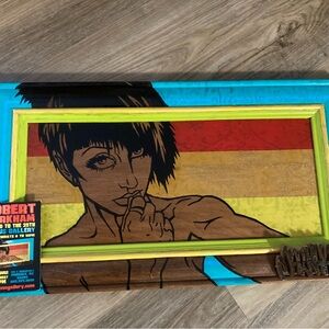 Framed Pop Art Portrait in Teal, Lime and red on wood by AZ artist